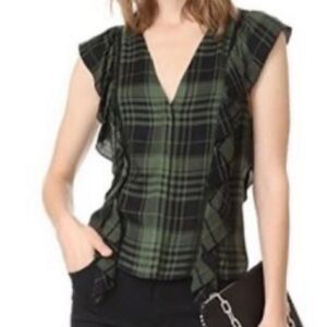 ALICE + OLIVIA Green Plaid Print V-Neck Top Ruffle trim Sleeveless Shirt